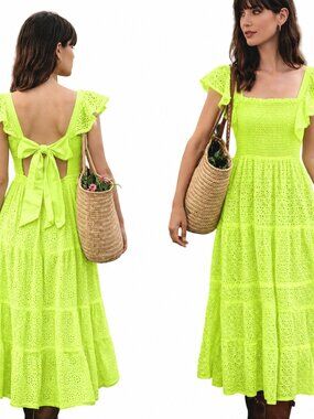 Alice+Olivia XS Eyelet Cotton Nap Dress $595 Smocked Midi Bright Neon Green NEW!